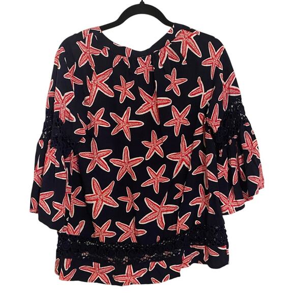 Crown & Ivy Blue Red Lace Panel Inserts Starfish Pattern Tunic Petite Medium - Picture 2 of 6